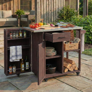 English Elm Foldable Outdoor Kitchen Cart with Stainless Worktop Fir Wood Frame and Lockable Wheels Dark Brown N719P380278S