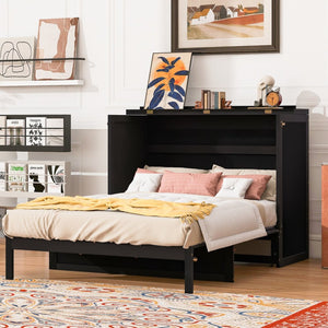 English Elm Full Size Murphy Wall Bed Cabinet with Rattan Panel Detailing and Storage Drawers Espresso N708P336203P