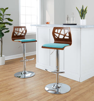 English Elm Adjustable Swivel Barstools Mid-century Modern Teal Fabric Walnut Chrome Set of 2 B202S02181