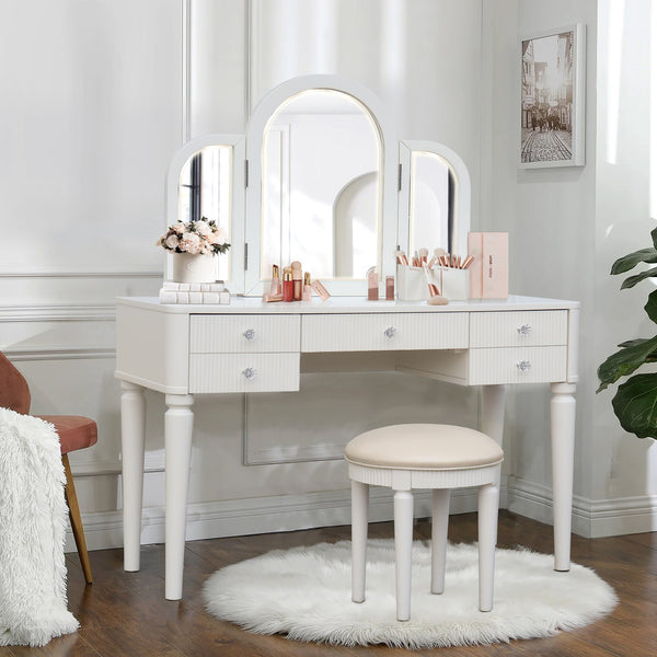 English Elm AGODY Mirrored Vanity with LED Light and Solid Rubber Wood Frame, Skin-Friendly PU Seat for Bedroom Antique White W2170P208420