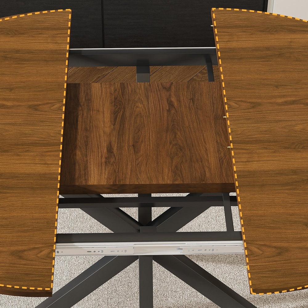 English Elm Retractable round dining table with walnut veneer, carbon steel X-base, extends 42″–58″, seats 6 W2700P331233