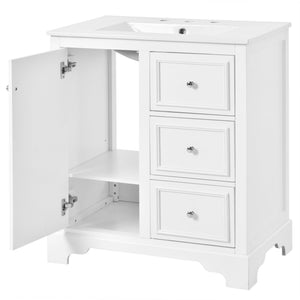 English Elm 30-Inch elegant bathroom vanity with ceramic basin, soft-close drawers, adjustable shelves, durable finish White N729P176237K