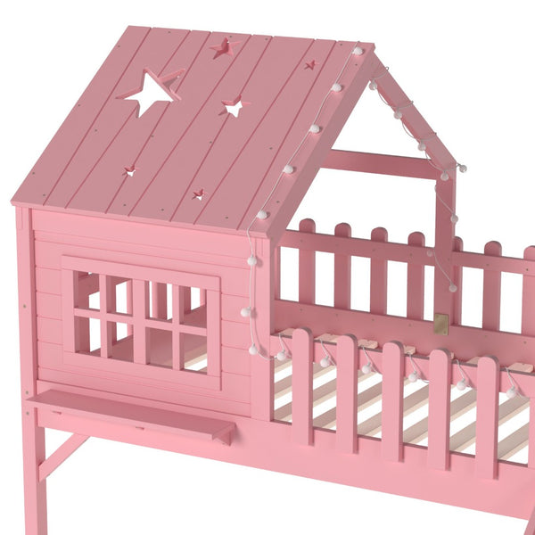 English Elm Twin Playhouse Loft Bed Solid Pine Frame with Slide Led Lights and Star Roof Pink W5316S00003
