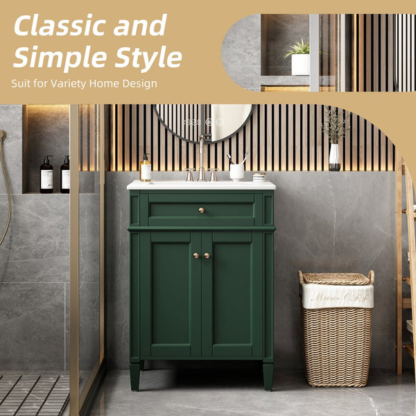English Elm 24" Bathroom Vanity with Ceramic Basin, French-Inspired Accent Carvings, Soft-Close Doors & Storage Green N710P293309F