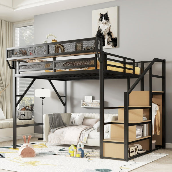 English Elm Queen Metal Loft Bed with Staircase Storage Wardrobe and 54 Inch Clearance Below W2580S00055