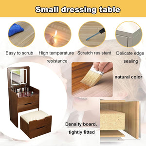 English Elm (48cm)(Walnut) 3-in-1 Vanity Desk with Lighted Flip Mirror, Glass Top, 3 Drawers & Stool, Compact Elegance W2641P305275