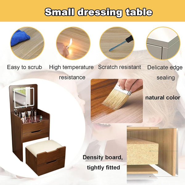 English Elm (48cm)(Walnut) 3-in-1 Vanity Desk with Lighted Flip Mirror, Glass Top, 3 Drawers & Stool, Compact Elegance W2641P305275
