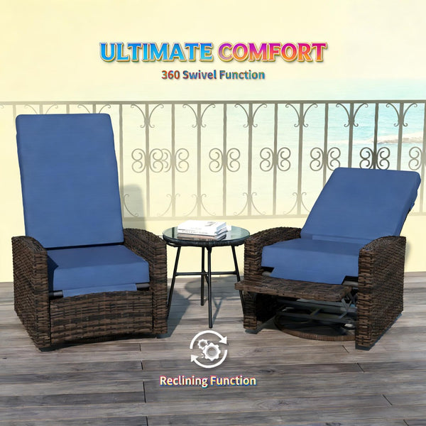 English Elm Swivel Recliner Outdoor Wicker Chair with Footrest Pe Rattan Patio Lounge Seat T3971P444304