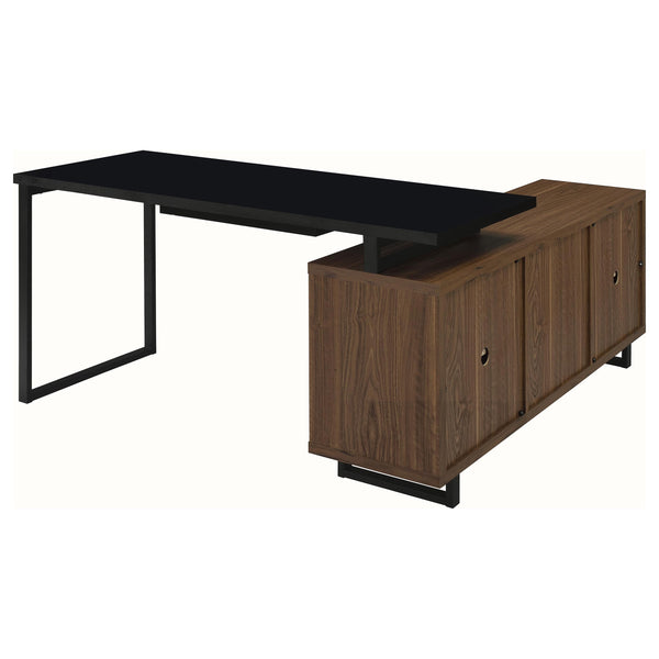 English Elm Rodger Black and Walnut L-Shape Computer Desk with Credenza, Slatted Doors, Drawers, Spacious Workstation B062P378334