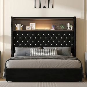 English Elm Full Velvet Wingback Platform Bed Tufted Headboard Shelf Usb Port Rivet Trim N733P368653B