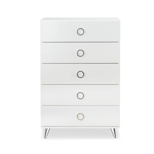 English Elm Elms White Finish Chest with 5 Smooth-Glide Drawers, Silver Ring Pulls & Modern Tapered Legs B2726P255308
