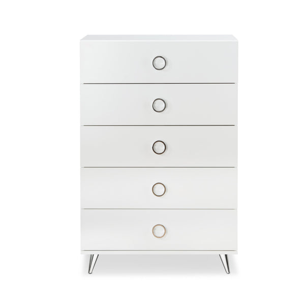 English Elm Elms White Finish Chest with 5 Smooth-Glide Drawers, Silver Ring Pulls & Modern Tapered Legs B2726P255308