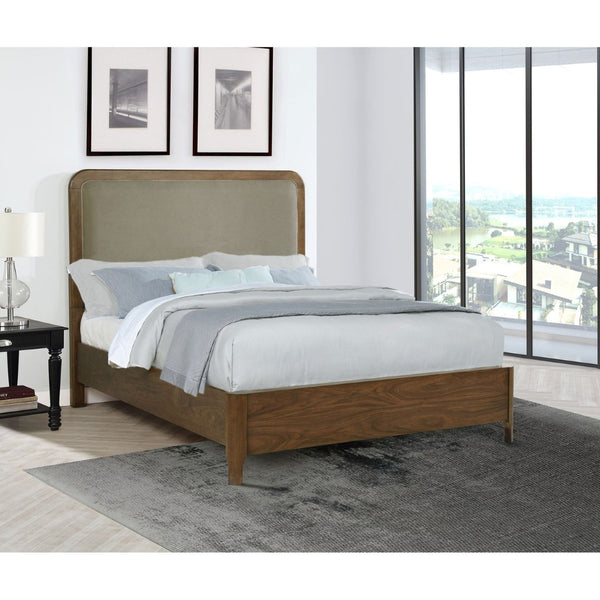 English Elm Verona Queen Panel Bed Walnut Veneer Frame with Padded Taupe Upholstered Headboard B062S01591