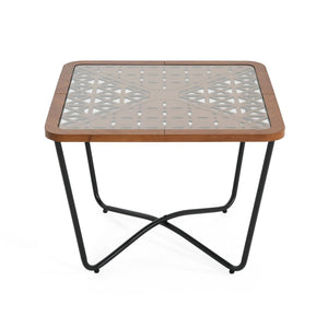 English Elm Modern Square Glass Top Coffee Table with Geometric Pattern and Black Metal Frame N770P197539B