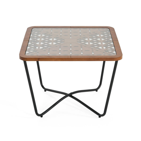 English Elm Modern Square Glass Top Coffee Table with Geometric Pattern and Black Metal Frame N770P197539B