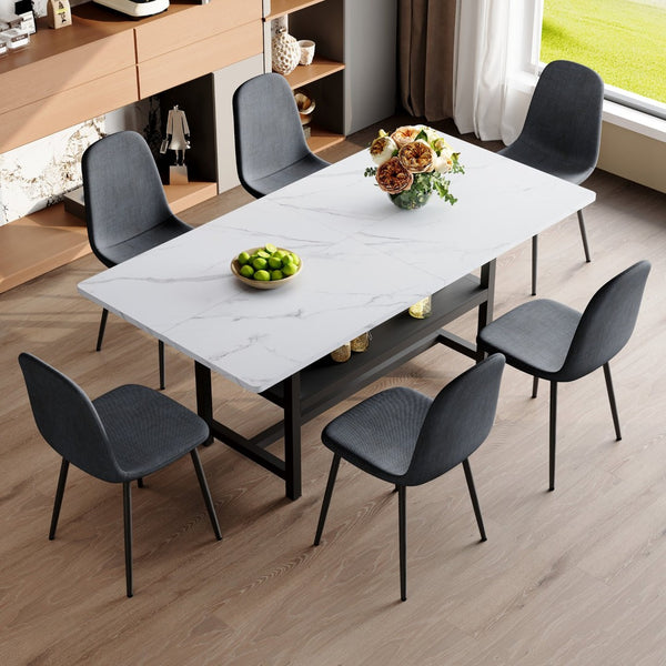 English Elm Table Set - Modern 71" Dining Table With Under-Table Storage & 6 Ergonomic Dark Gray Chairs For Comfort W1151S04263-GIGA