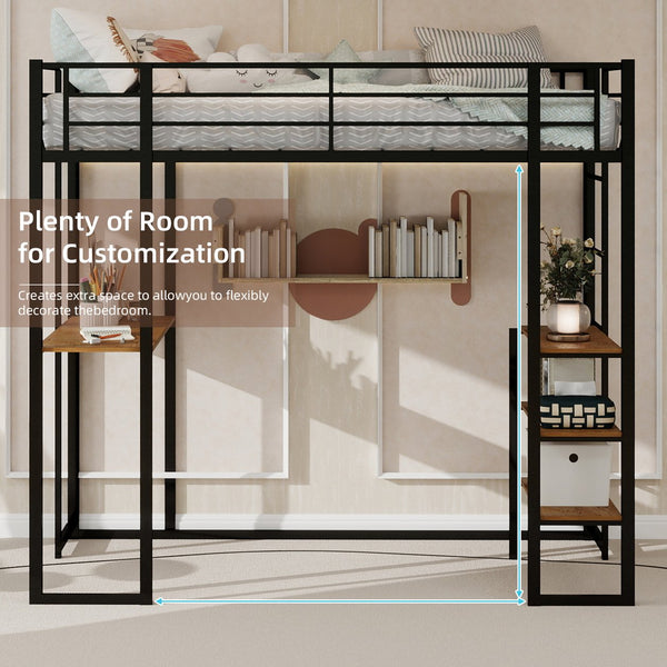 English Elm Iron framed bunk bed with L-shaped study desk and dual-side stairs, space-saving durable design Black W1935P330795