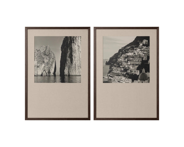 Sunpan Coastal Italy Black and White Large Format Print with Pine Wood Brown Frame Coastal Vibes I A0439