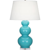 Robert Abbey Egg Blue Triple Gourd Table Lamp Egg Blue Glazed Ceramic with Lucite Base Pearl Dupioni Fabric Shade