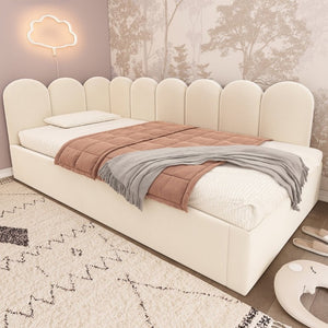 English Elm Upholstered King Platform Bed Chenille Pillow Headboard Low Profile Modern Bedroom Beige 78.7 L x 42.5 W x 30 H AA20362122B-1