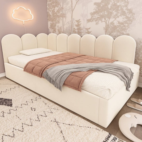 English Elm Upholstered King Platform Bed Chenille Pillow Headboard Low Profile Modern Bedroom Beige 78.7 L x 42.5 W x 30 H AA20362122B-1