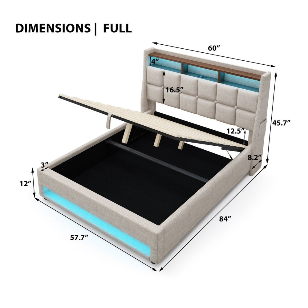 English Elm (=aa20690708g) Full Upholstered Storage Bed with Led Lighting Hydraulic Lift and Charging Ports Natural AA20690708B-1