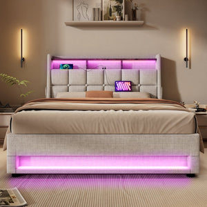 English Elm (=aa20690708g) Full Upholstered Storage Bed with Led Lighting Hydraulic Lift and Charging Ports Natural AA20690708B-1