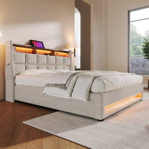 English Elm (=aa20690708g) Full Upholstered Storage Bed with Led Lighting Hydraulic Lift and Charging Ports Natural AA20690708B-1