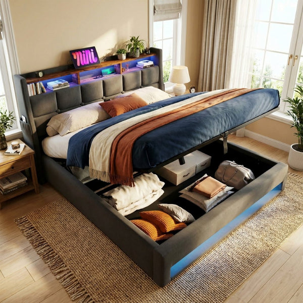 English Elm (=aa20690708g) Full Upholstered Storage Bed with Led Lighting Hydraulic Lift and Charging Ports Grey AA20690708G-1