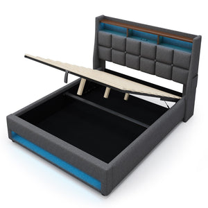 English Elm (=aa20690708g) Full Upholstered Storage Bed with Led Lighting Hydraulic Lift and Charging Ports Grey AA20690708G-1
