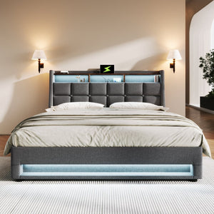 English Elm (=aa20690708g) Full Upholstered Storage Bed with Led Lighting Hydraulic Lift and Charging Ports Grey AA20690708G-1