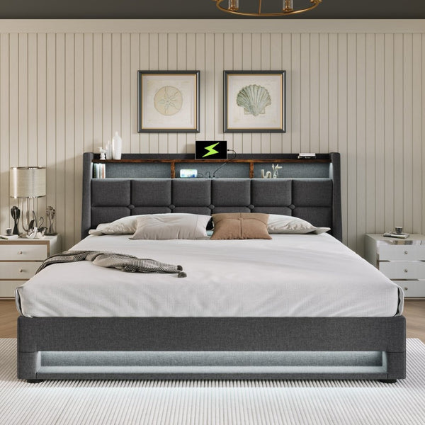 English Elm (=aa20690708g) Full Upholstered Storage Bed with Led Lighting Hydraulic Lift and Charging Ports Grey AA20690708G-1