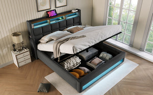 English Elm (=aa20690708g) Full Upholstered Storage Bed with Led Lighting Hydraulic Lift and Charging Ports Grey AA20690708G-1