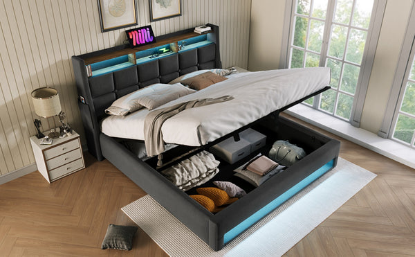 English Elm (=aa20690708g) Full Upholstered Storage Bed with Led Lighting Hydraulic Lift and Charging Ports Grey AA20690708G-1