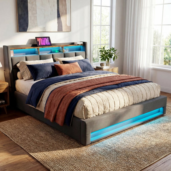 English Elm (=aa20690708g) Full Upholstered Storage Bed with Led Lighting Hydraulic Lift and Charging Ports Grey AA20690708G-1