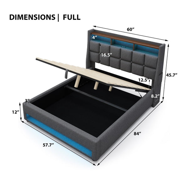 English Elm (=aa20690708g) Full Upholstered Storage Bed with Led Lighting Hydraulic Lift and Charging Ports Grey AA20690708G-1