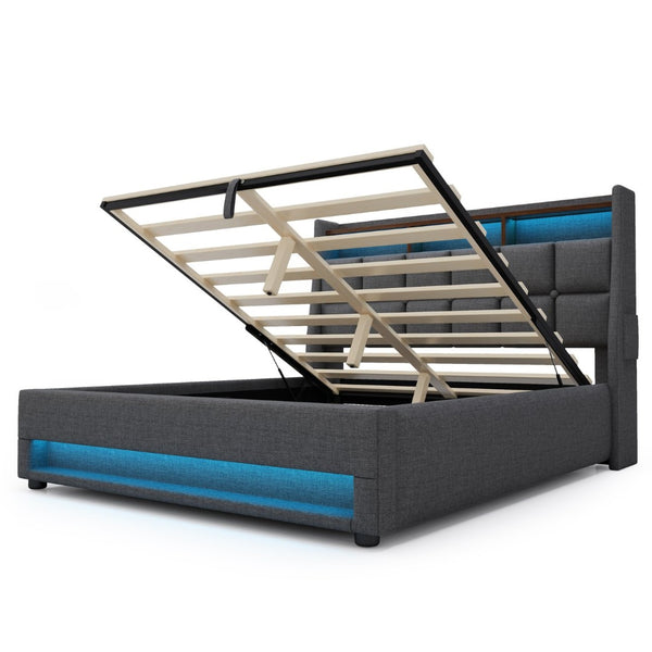 English Elm (=aa20690708g) Full Upholstered Storage Bed with Led Lighting Hydraulic Lift and Charging Ports Grey AA20690708G-1