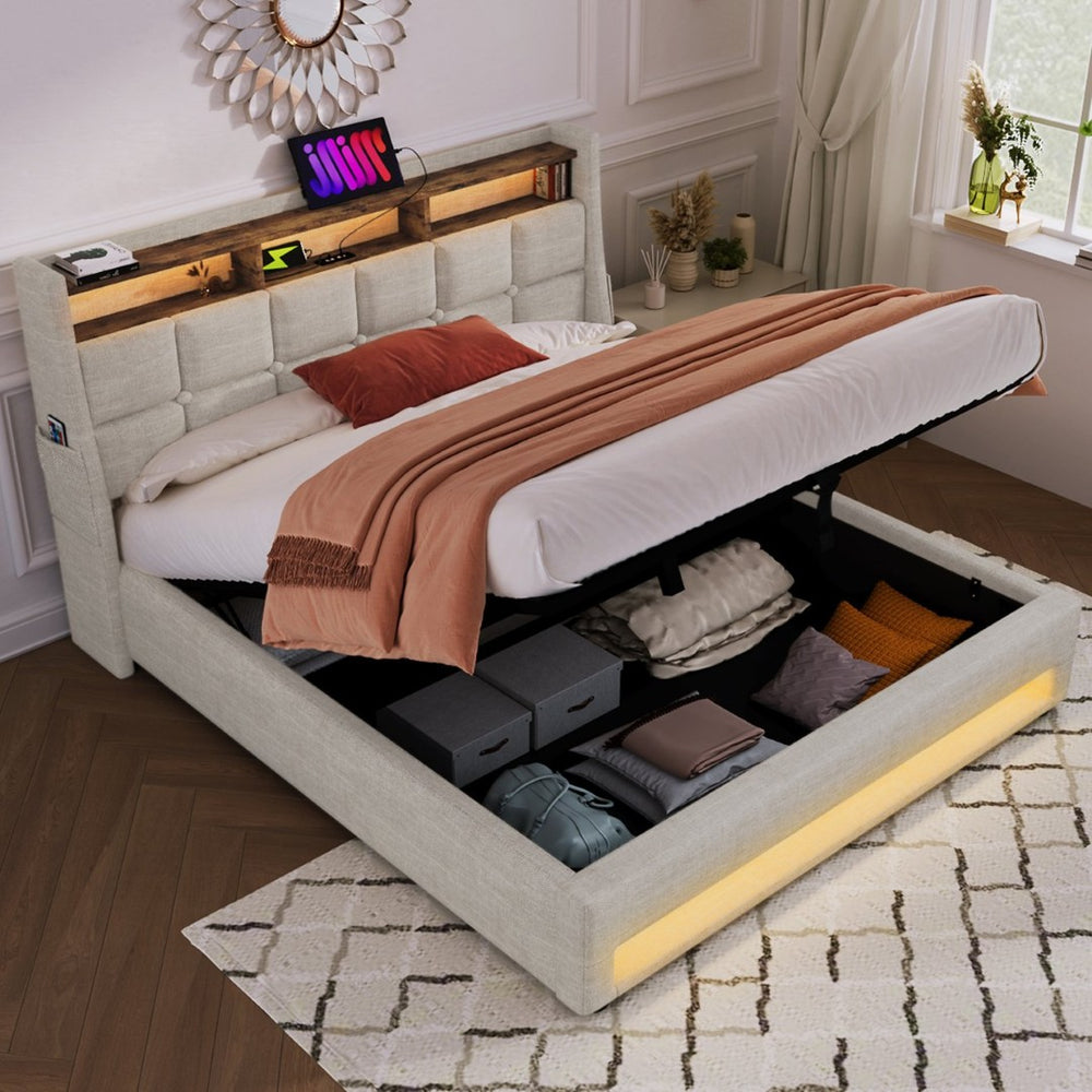 English Elm (=aa20690910b) Queen Storage Bed Linen Upholstered Led Lighting Usb Charging Hydraulic Lift AA20690910B-1