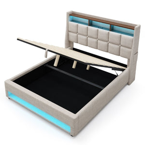 English Elm (=aa20690910b) Queen Storage Bed Linen Upholstered Led Lighting Usb Charging Hydraulic Lift AA20690910B-1