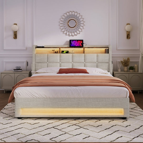 English Elm (=aa20690910b) Queen Storage Bed Linen Upholstered Led Lighting Usb Charging Hydraulic Lift AA20690910B-1