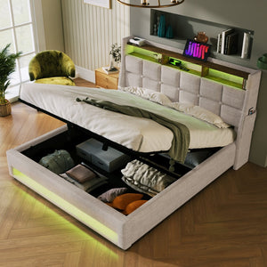 English Elm (=aa20690910b) Queen Storage Bed Linen Upholstered Led Lighting Usb Charging Hydraulic Lift AA20690910B-1