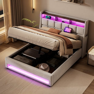 English Elm (=aa20690910b) Queen Storage Bed Linen Upholstered Led Lighting Usb Charging Hydraulic Lift AA20690910B-1