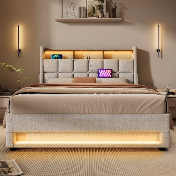 English Elm (=aa20690910b) Queen Storage Bed Linen Upholstered Led Lighting Usb Charging Hydraulic Lift AA20690910B-1