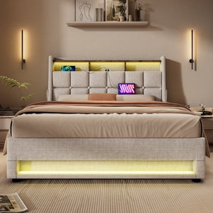 English Elm (=aa20690910b) Queen Storage Bed Linen Upholstered Led Lighting Usb Charging Hydraulic Lift AA20690910B-1