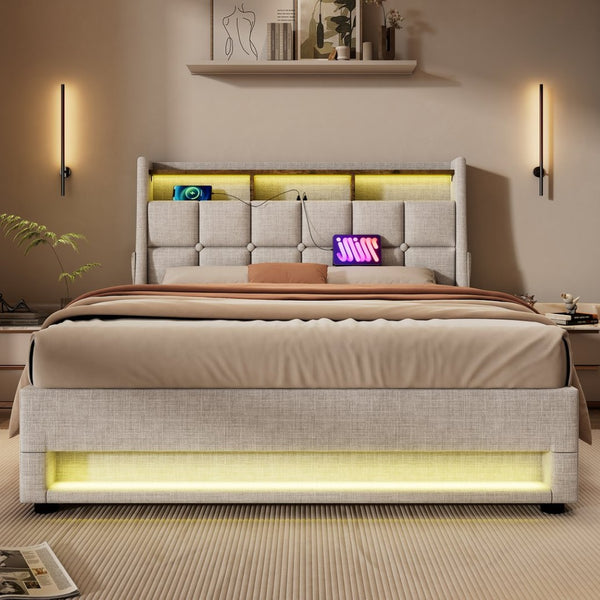 English Elm (=aa20690910b) Queen Storage Bed Linen Upholstered Led Lighting Usb Charging Hydraulic Lift AA20690910B-1