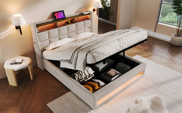 English Elm (=aa20690910b) Queen Storage Bed Linen Upholstered Led Lighting Usb Charging Hydraulic Lift AA20690910B-1