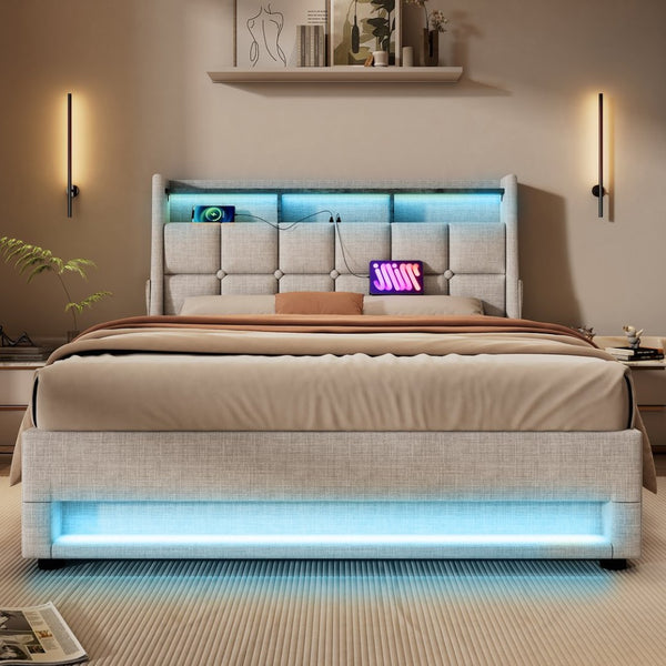 English Elm (=aa20690910b) Queen Storage Bed Linen Upholstered Led Lighting Usb Charging Hydraulic Lift AA20690910B-1