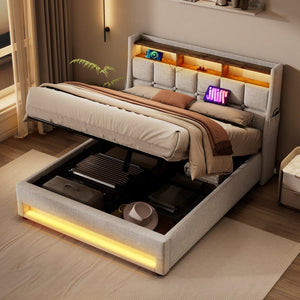 English Elm (=aa20690910b) Queen Storage Bed Linen Upholstered Led Lighting Usb Charging Hydraulic Lift AA20690910B-1