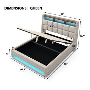 English Elm (=aa20690910b) Queen Storage Bed Linen Upholstered Led Lighting Usb Charging Hydraulic Lift AA20690910B-1