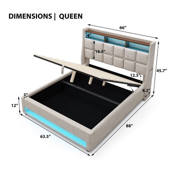 English Elm (=aa20690910b) Queen Storage Bed Linen Upholstered Led Lighting Usb Charging Hydraulic Lift AA20690910B-1